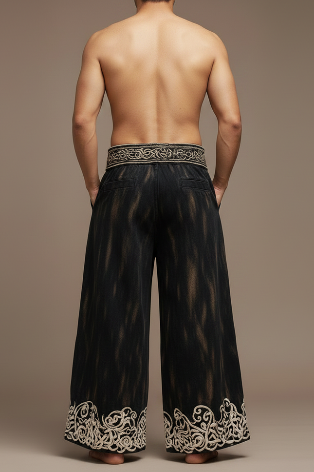 Pantalon Patte D'Éléphant Noir Dragon Brodé Ample Vintage - Jean - vue 2