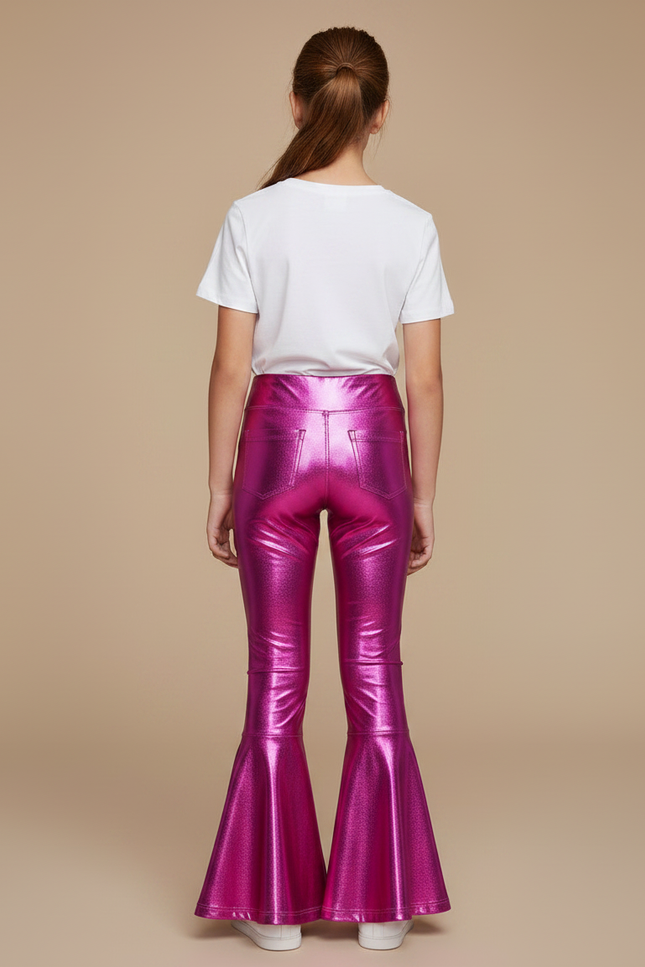 Pantalon Patte D'Éléphant Métallisé Fuchsia Brillant Évasé Fille - Rose Polyester - vue 2