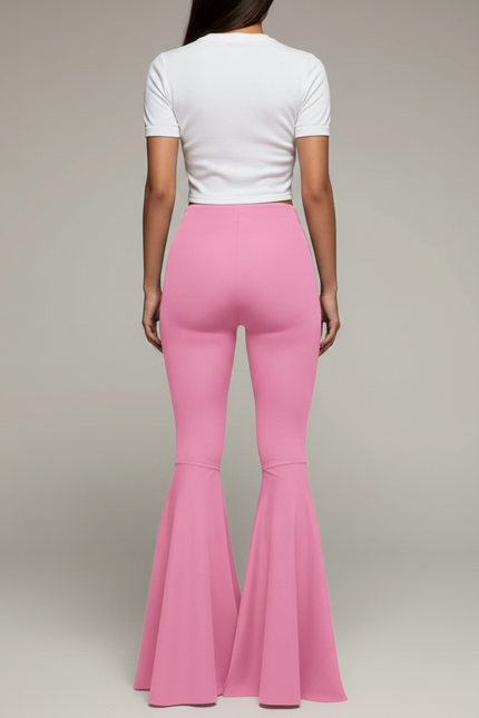 Pantalon Patte D'Éléphant Rose Taille Haute Évasé Moulant - Polyester - vue 2