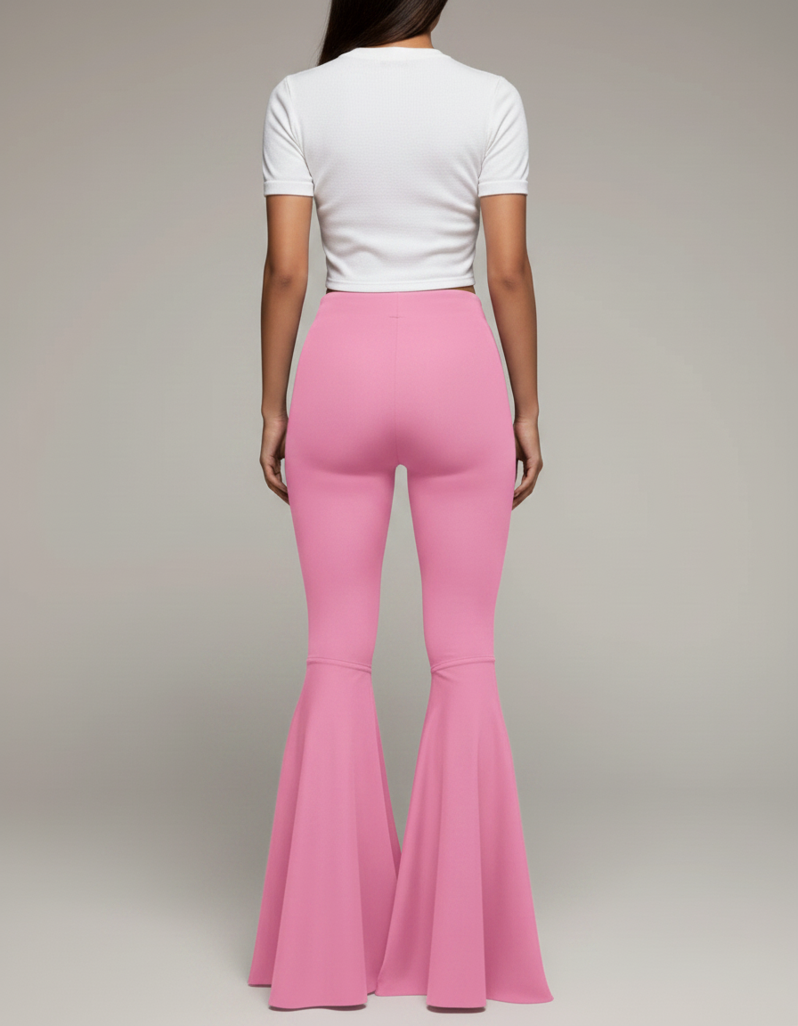 Pantalon Patte D'Éléphant Rose Taille Haute Évasé Moulant - Polyester - vue 2
