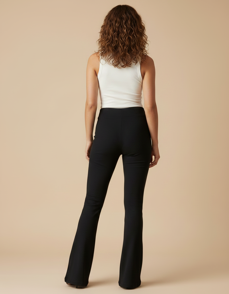 Pantalon Patte D'Éléphant Noir Côtelé Évasé Femme Confortable - Maille - vue 2