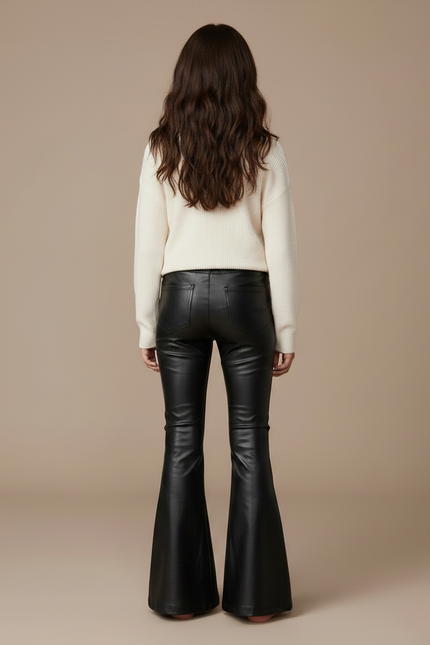 Pantalon Patte D'Éléphant Noir Similicuir Évasé Lacets Fille - Simili cuir - vue 2