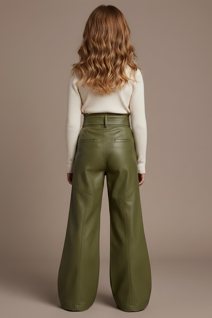 Pantalon Patte D'Éléphant Vert Kaki Similicuir Taille Haute Boucles - Simili cuir - vue 2