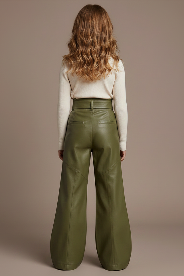 Pantalon Patte D'Éléphant Vert Kaki Similicuir Taille Haute Boucles - Simili cuir - vue 2