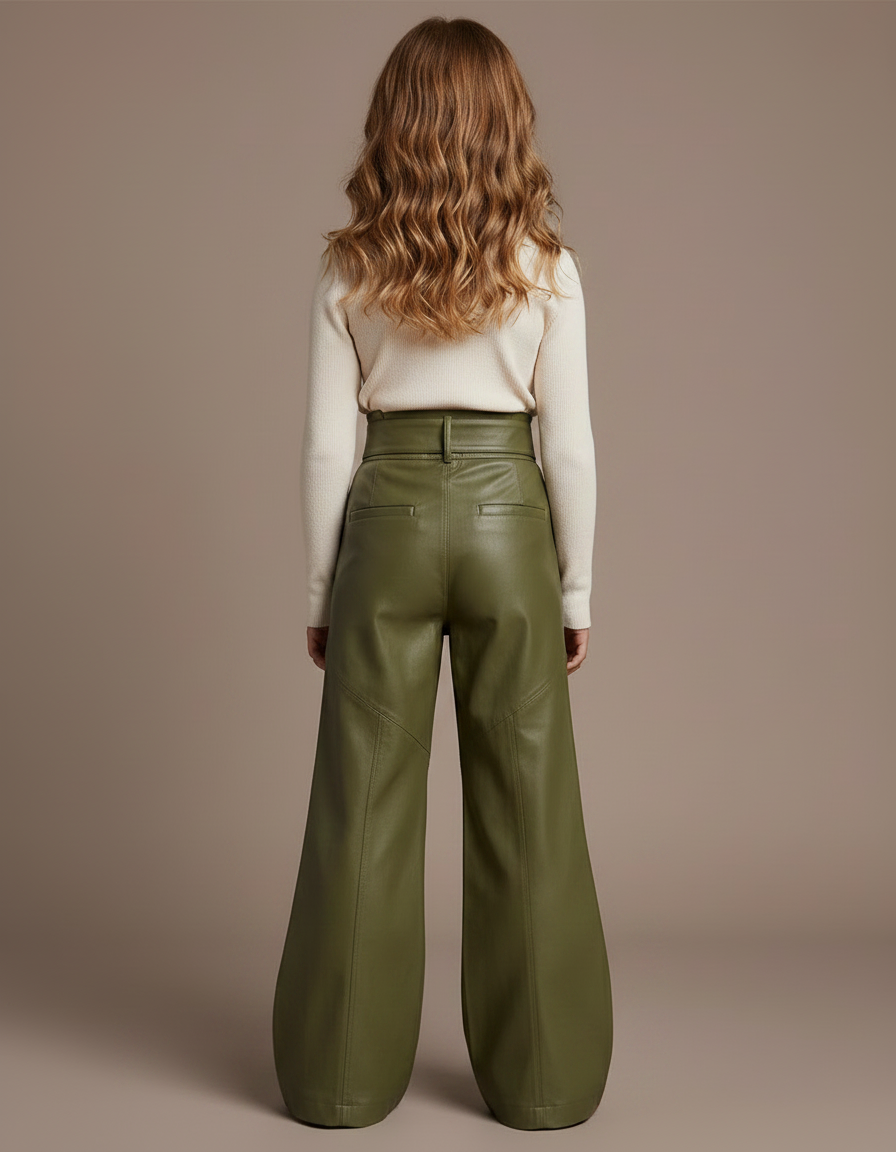 Pantalon Patte D'Éléphant Vert Kaki Similicuir Taille Haute Boucles - Simili cuir - vue 2