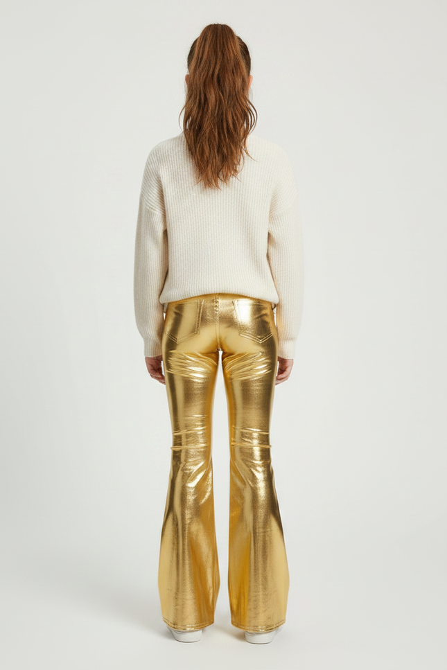 Pantalon Simili Cuir Femme Patte D Éléphant - Doré - vue 2