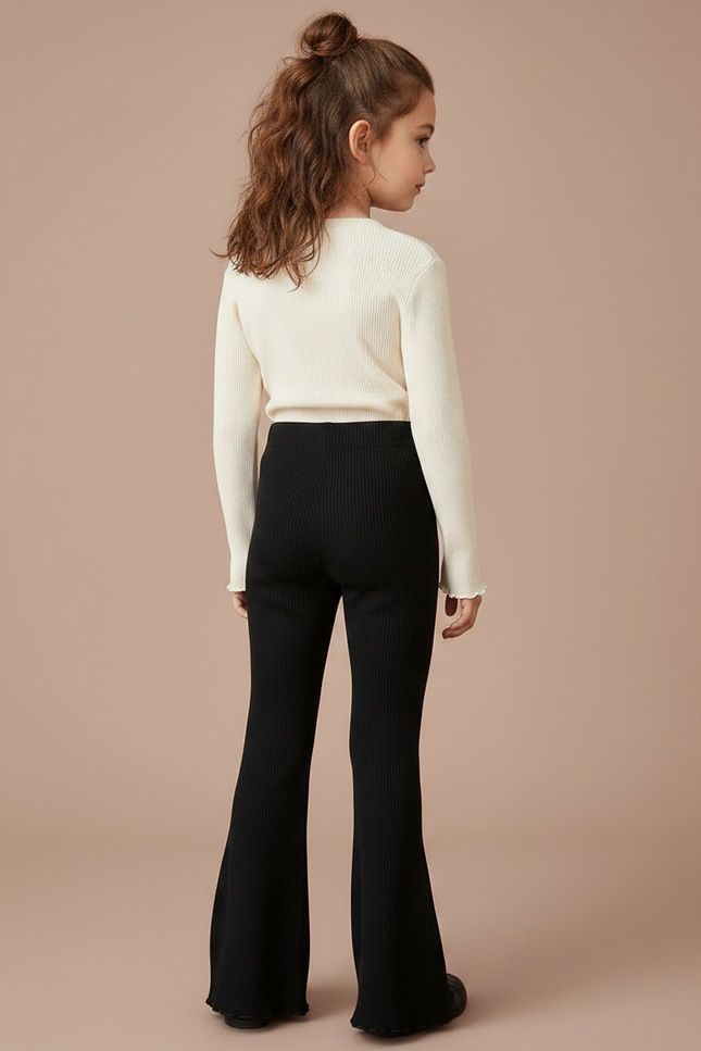 Pantalon Patte D'Éléphant Noir Côtelé Évasé Cœur Fille - Maille - vue 2
