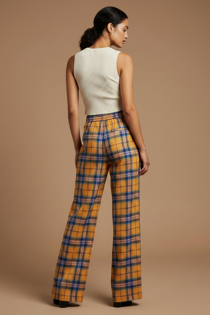 Pantalon Patte D'Éléphant Écossais Ample Jaune Bleu Décontracté - Laine - vue 2