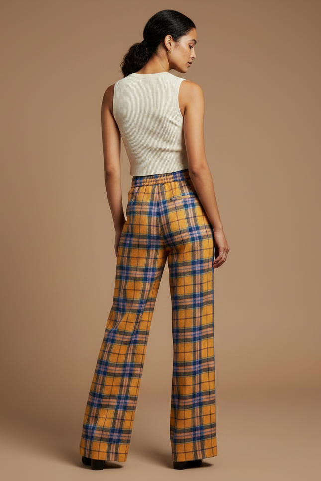 Pantalon Patte D'Éléphant Écossais Ample Jaune Bleu Décontracté - Laine - vue 2