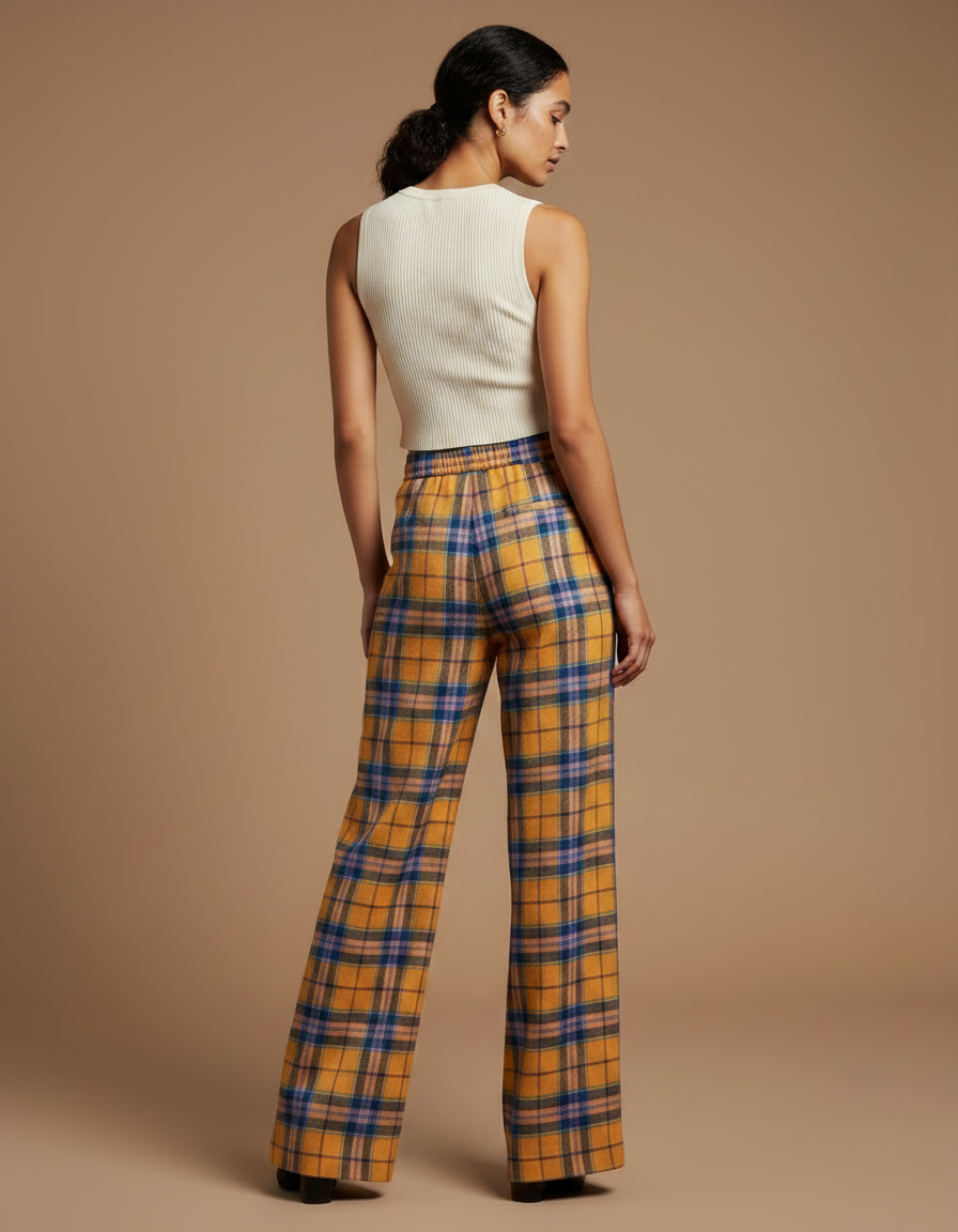 Pantalon Patte D'Éléphant Écossais Ample Jaune Bleu Décontracté - Laine - vue 2