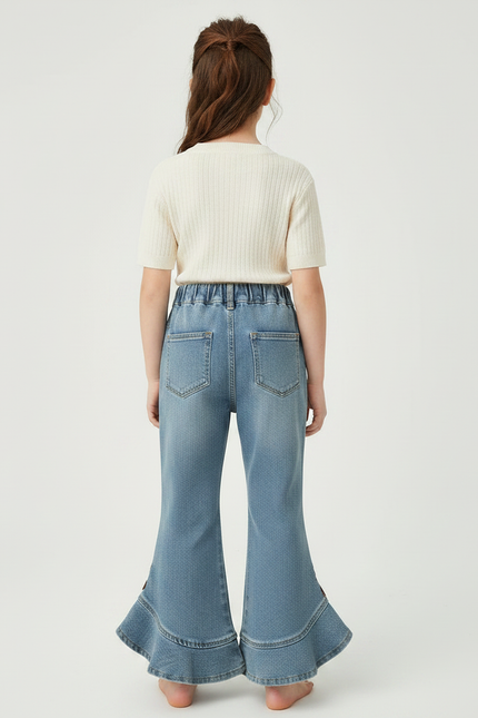 Pantalon Patte D'Éléphant Denim Bleu Brodé Nœuds Volants Enfant - Jean - vue 2
