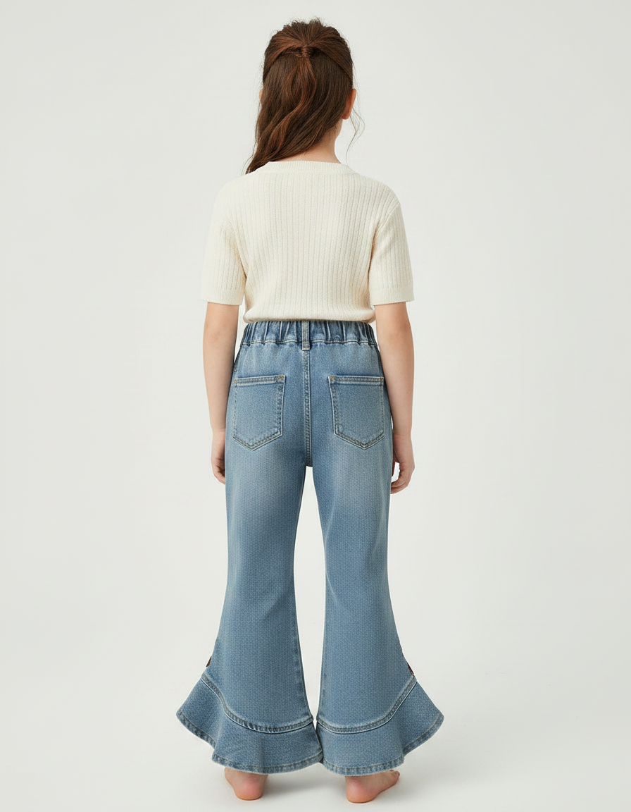 Pantalon Patte D'Éléphant Denim Bleu Brodé Nœuds Volants Enfant - Jean - vue 2