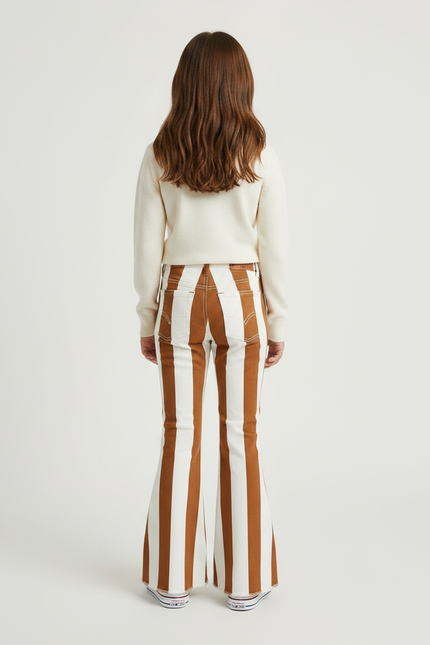 Pantalon Patte D'Éléphant Rayé Marron Blanc Évasé Fille - Multicolore Jean - vue 2