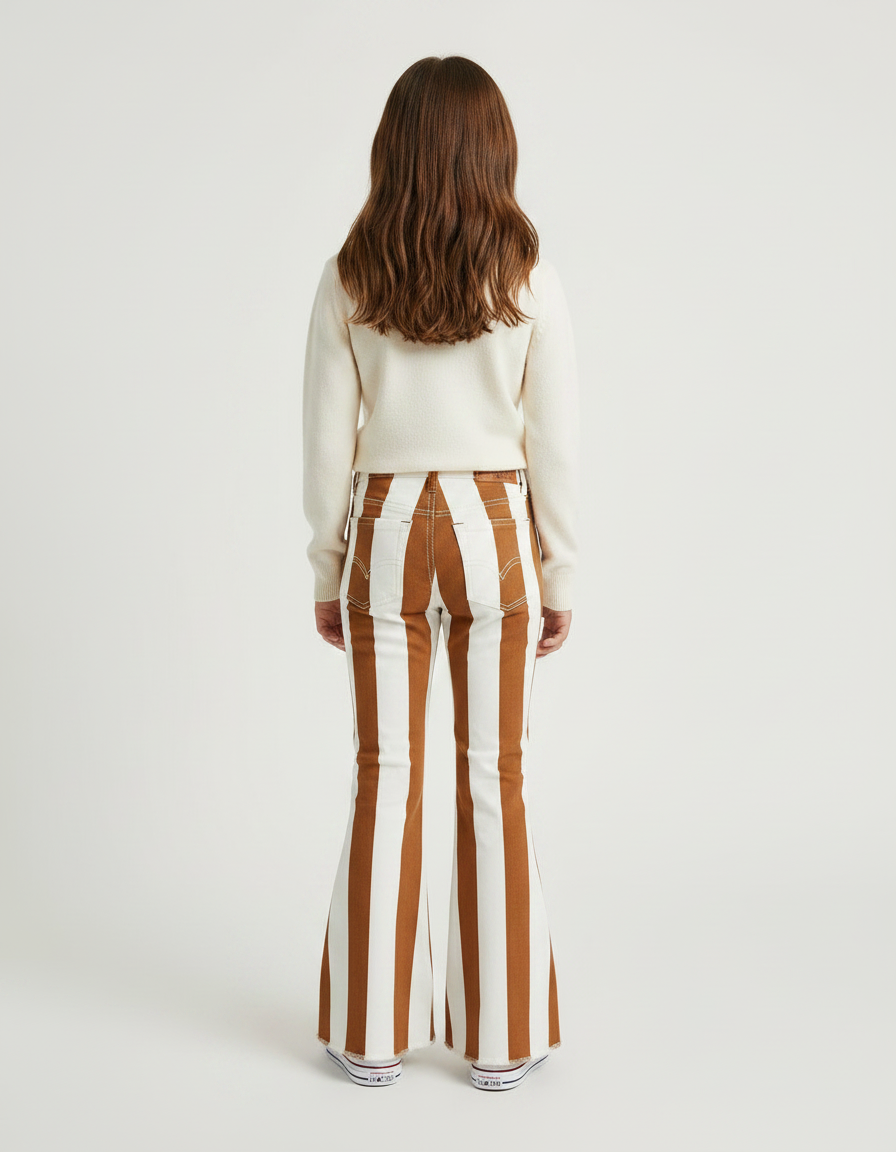 Pantalon Patte D'Éléphant Rayé Marron Blanc Évasé Fille - Multicolore Jean - vue 2