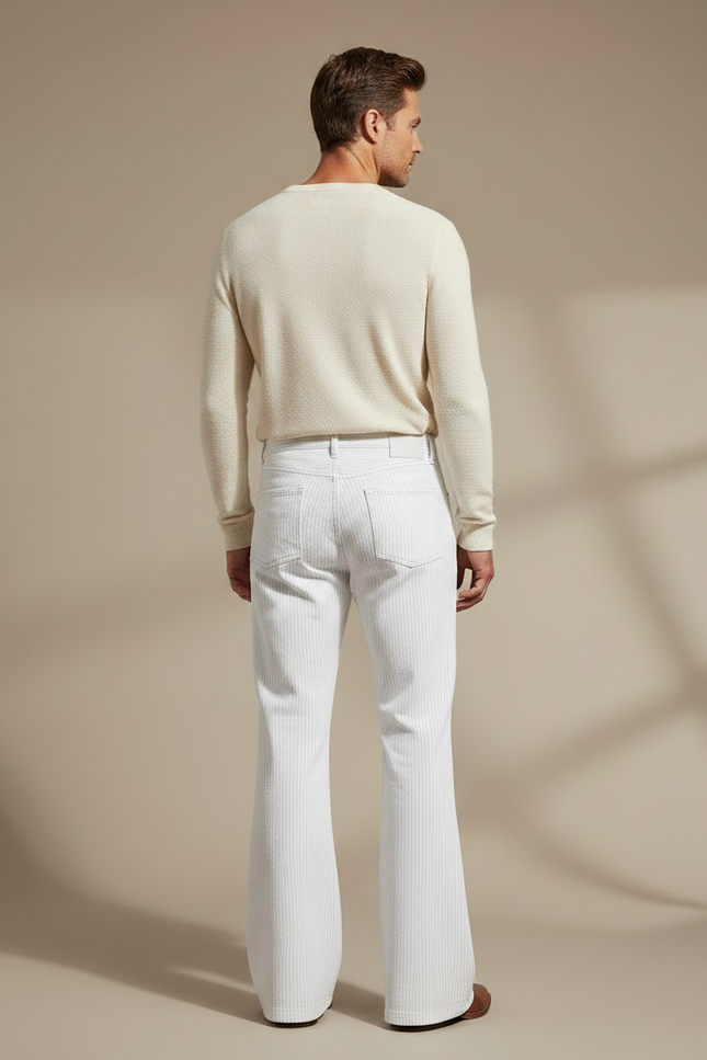 Pantalon Patte D'Éléphant Homme Blanc Rayé Côtelé Évasé Moderne - Cordé - vue 2