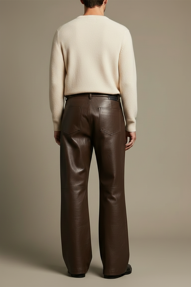 Pantalon Patte D'Éléphant Marron Cuir Large Élégant Homme - vue 2