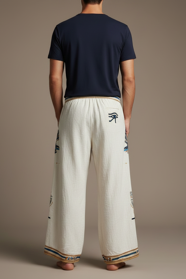 Pantalon Patte D'Éléphant Beige Lin Brodé Ethnique Ample Homme - vue 2