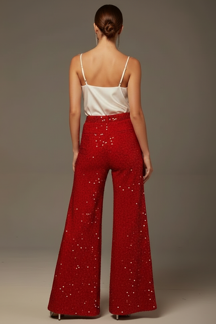 Pantalon Patte D'Éléphant Rouge Pailleté Évasé Scintillant Femme - Polyester - vue 2