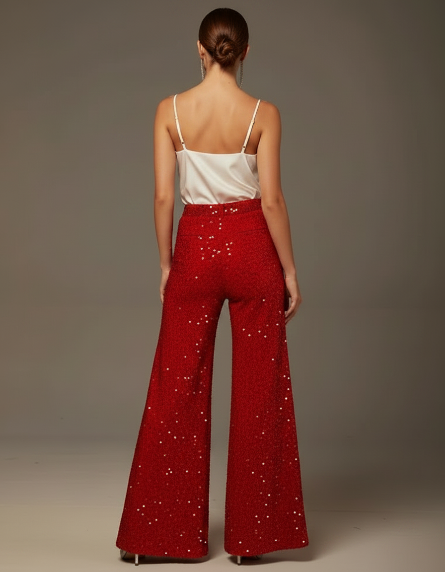 Pantalon Patte D'Éléphant Rouge Pailleté Évasé Scintillant Femme - Polyester - vue 2