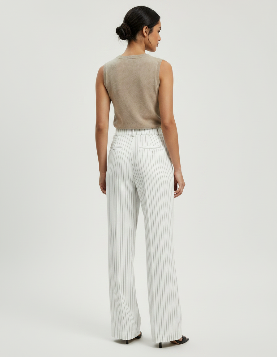 Pantalon Patte D'Éléphant Blanc Rayé Taille Haute Fluide - Viscose - vue 2