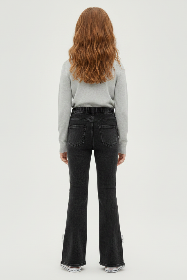 Pantalon Patte D'Éléphant Noir Denim Évasé Nœuds Perles Fille - Jean - vue 2