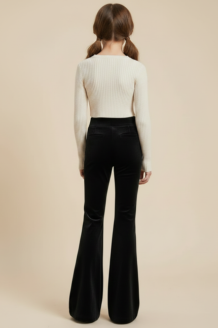 Pantalon Patte D'Éléphant Noir Velours Évasé Boutons Dorés - vue 2