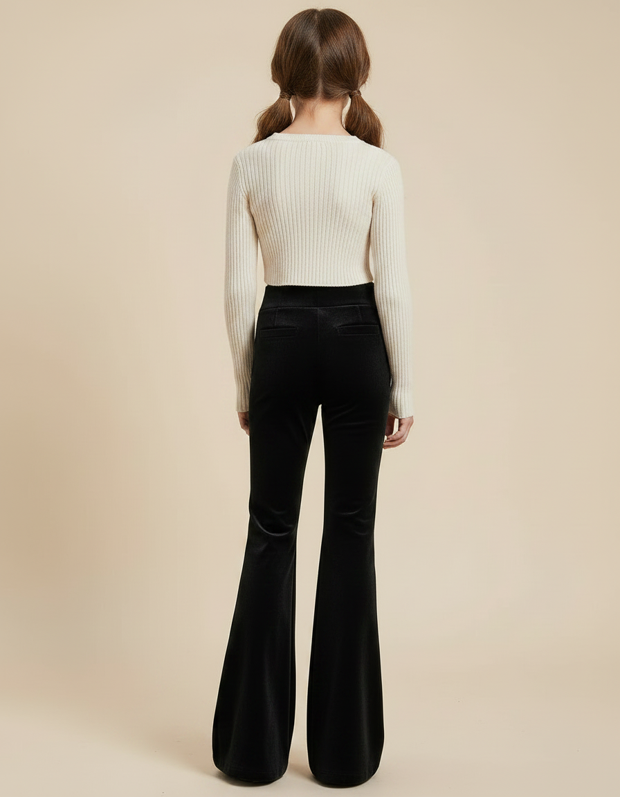 Pantalon Patte D'Éléphant Noir Velours Évasé Boutons Dorés - vue 2