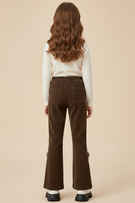 Pantalon Patte D'Éléphant Marron Côtelé Nœuds Perles Fille - Cordé - vue 2