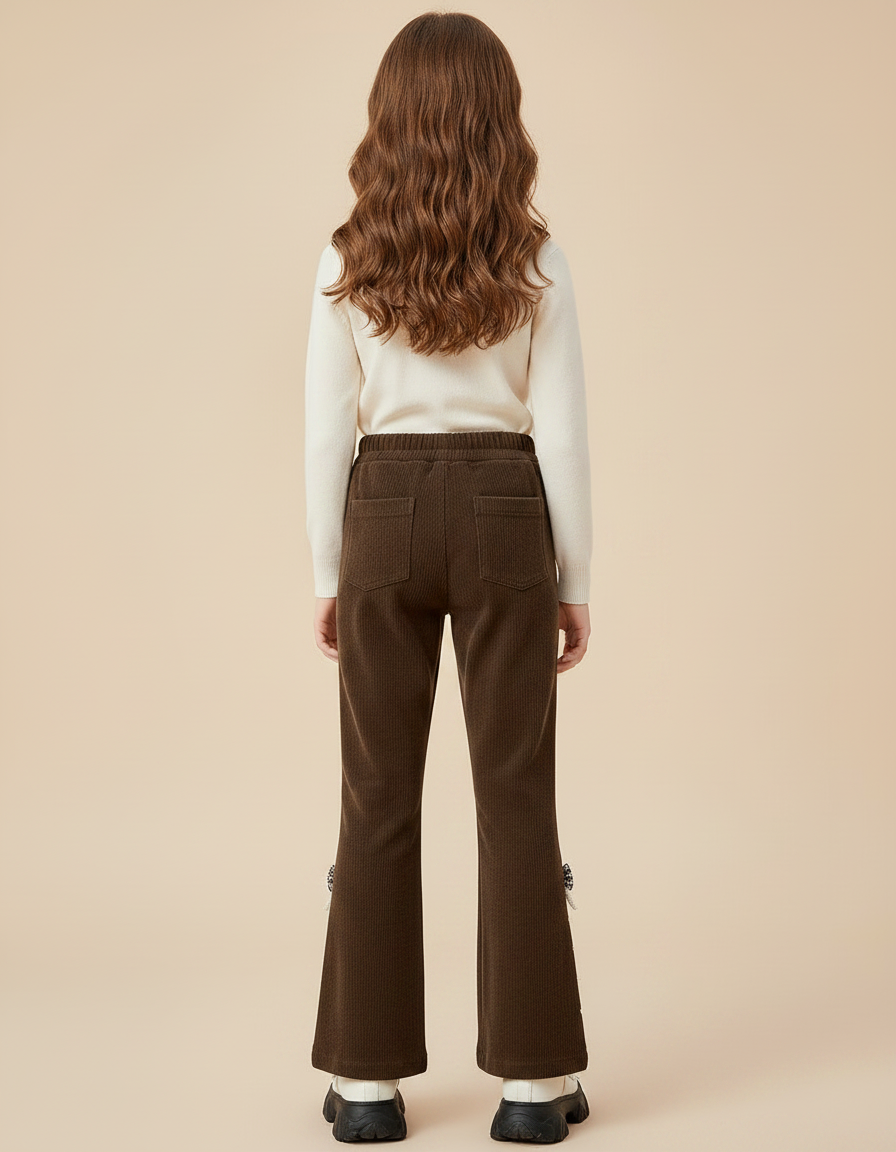 Pantalon Patte D'Éléphant Marron Côtelé Nœuds Perles Fille - Cordé - vue 2