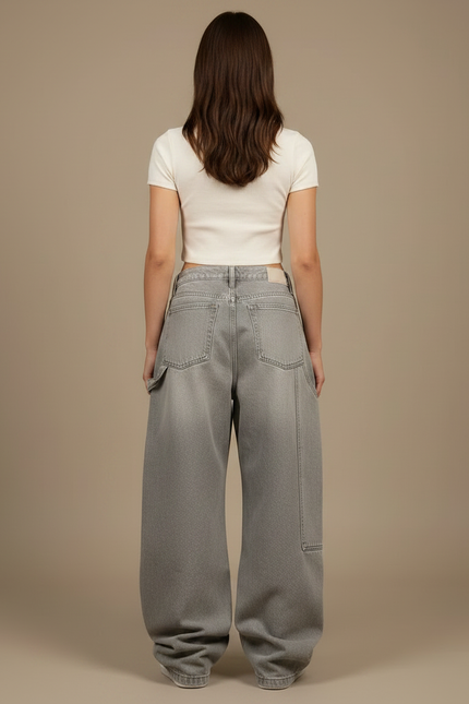 Pantalon Patte D'Éléphant Gris Ample Délavé Décontracté Femme - Jean - vue 2