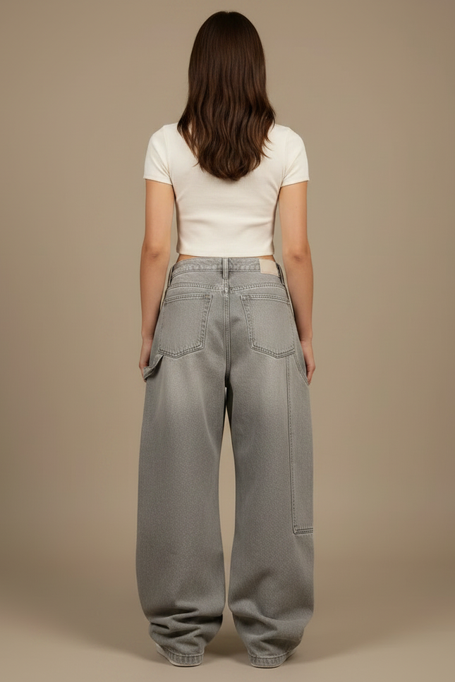Pantalon Patte D'Éléphant Gris Ample Délavé Décontracté Femme - Jean - vue 2