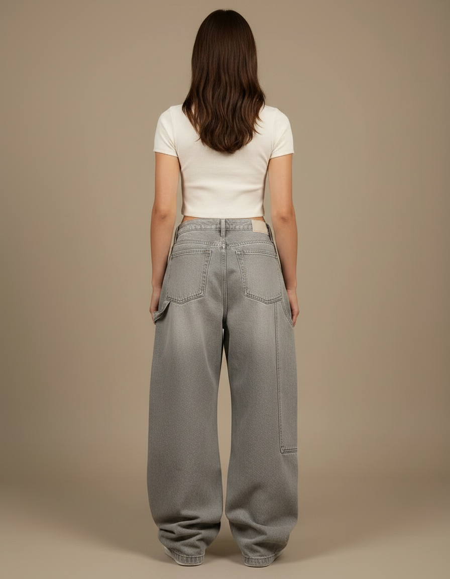 Pantalon Patte D'Éléphant Gris Ample Délavé Décontracté Femme - Jean - vue 2