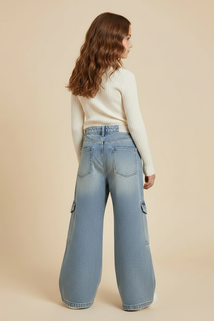 Pantalon Patte D'Éléphant Large Cargo Denim Bleu Enfant - Jean - vue 2
