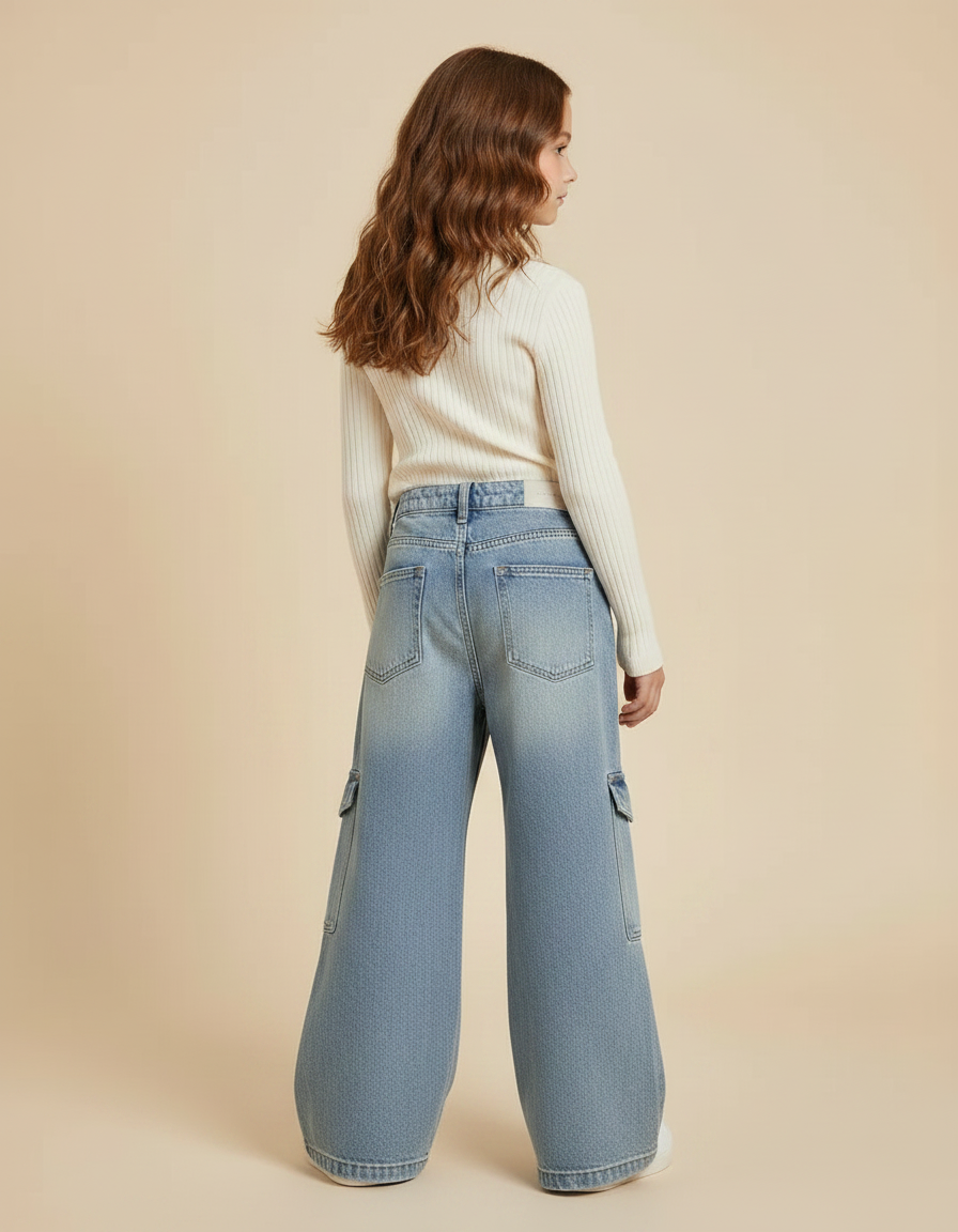 Pantalon Patte D'Éléphant Large Cargo Denim Bleu Enfant - Jean - vue 2
