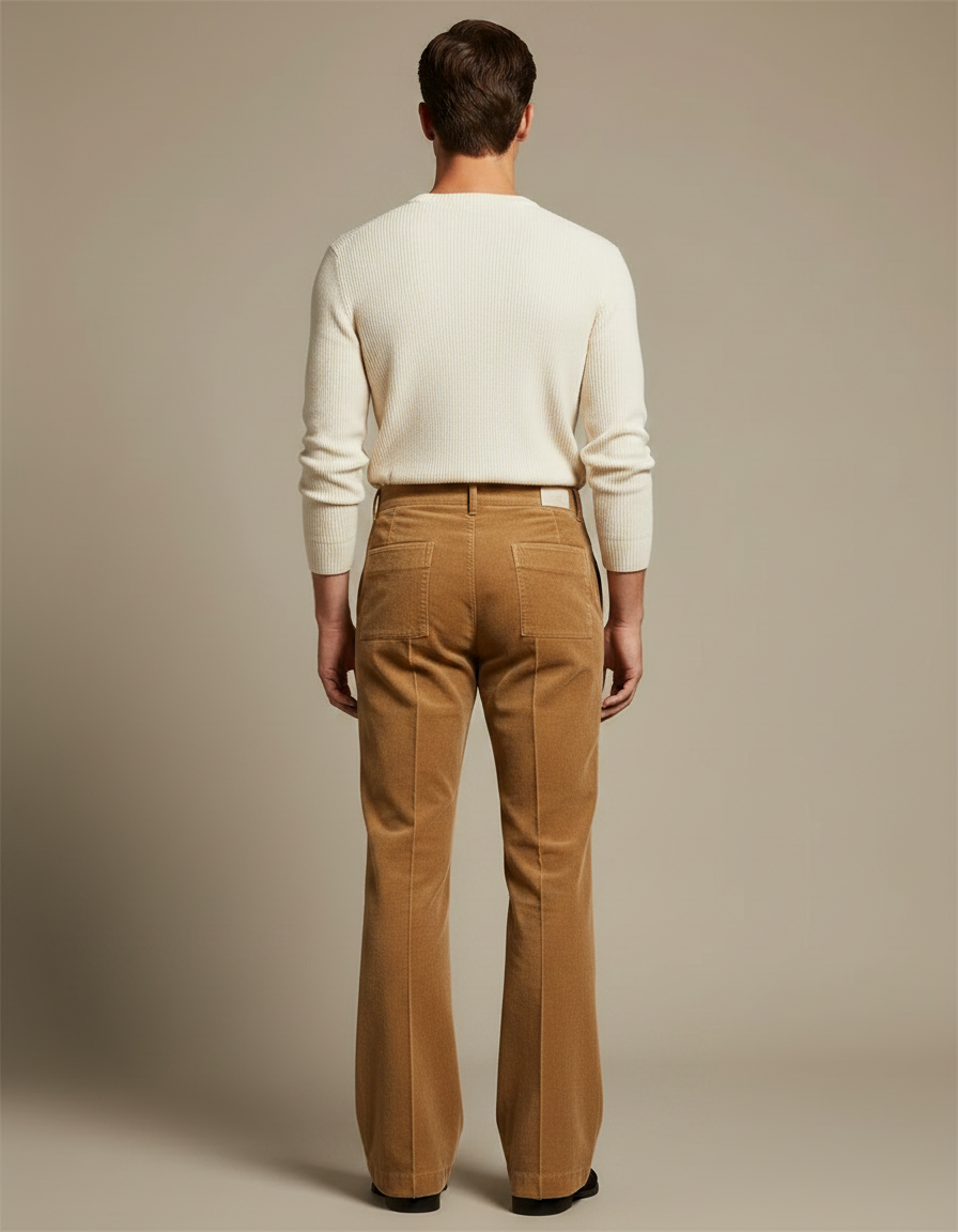 Pantalon Patte D'Éléphant Velours Côtelé Marron Taille Haute Homme - Camel Cordé - vue 2