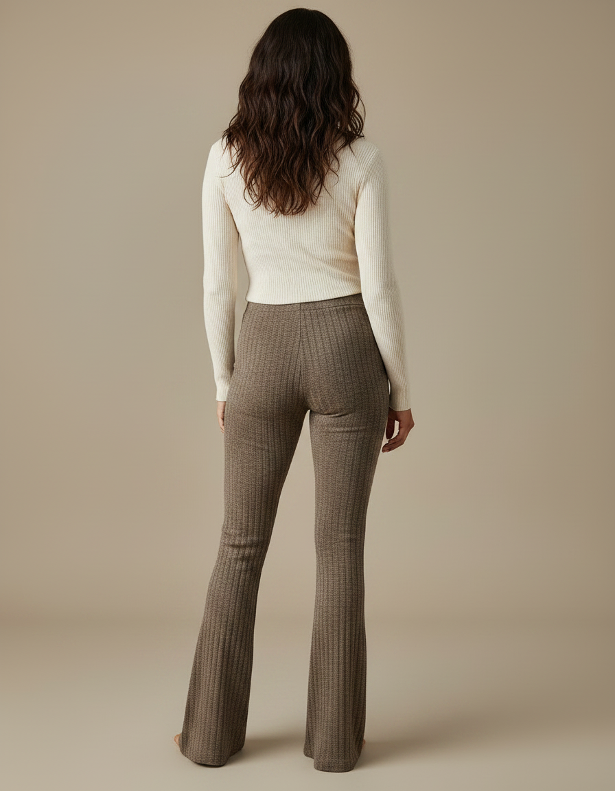 Pantalon Patte D'Éléphant Marron Côtelé Taille Haute Confortable - Maille - vue 2