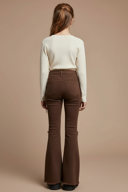 Pantalon Patte D'Éléphant Marron Frangé Lacets Évasé Fille - Jean - vue 2
