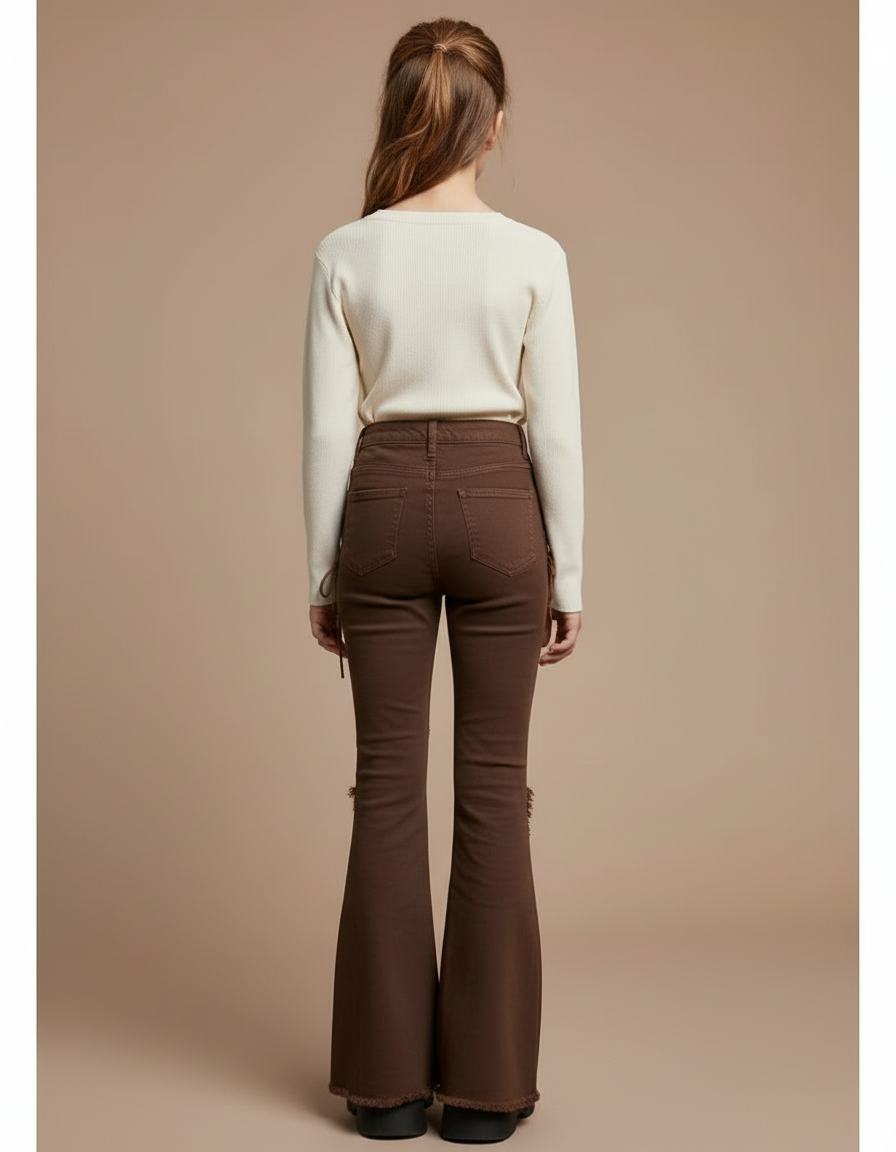 Pantalon Patte D'Éléphant Marron Frangé Lacets Évasé Fille - Jean - vue 2