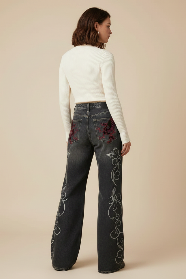 Pantalon Patte D'Éléphant Denim Noir Brodé Vintage Y2K - Jean - vue 2