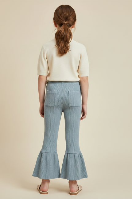 Pantalon Patte D'Éléphant Fille Côtelé Bleu Élastique Décontracté - Maille - vue 2