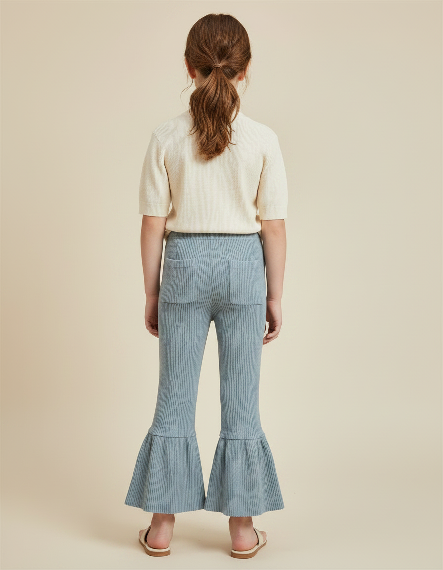 Pantalon Patte D'Éléphant Fille Côtelé Bleu Élastique Décontracté - Maille - vue 2