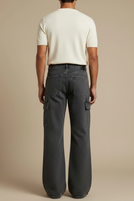 Pantalon Patte D'Éléphant Cargo Noir Délavé Ample Homme - Gris Jean - vue 2