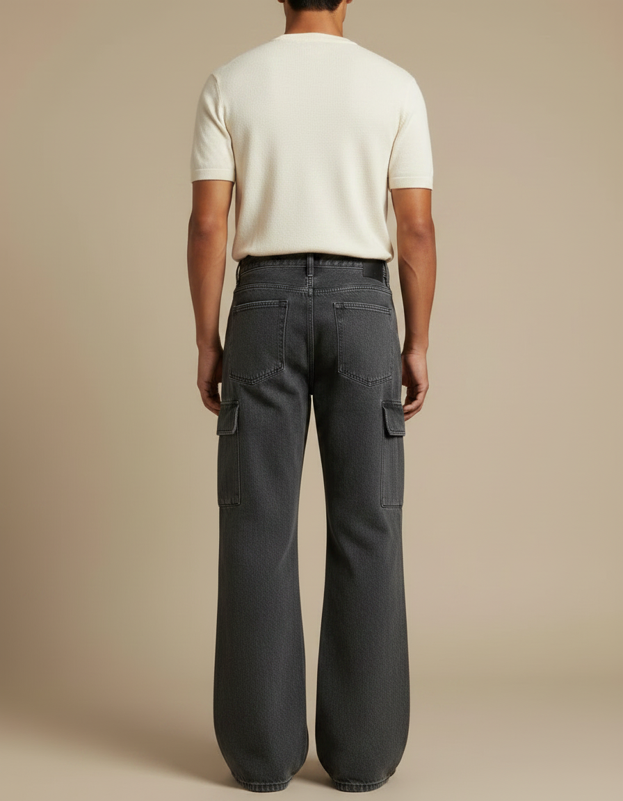 Pantalon Patte D'Éléphant Cargo Noir Délavé Ample Homme - Gris Jean - vue 2