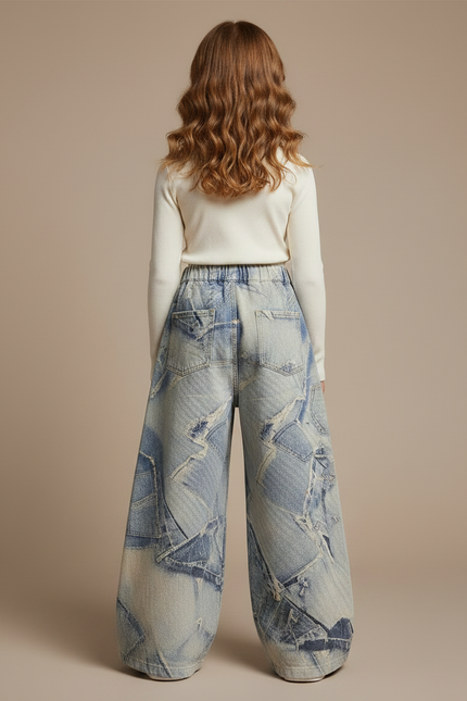 Pantalon Patte D'Éléphant Denim Patchwork Ample Délavé Enfant - Multicolore Jean - vue 2