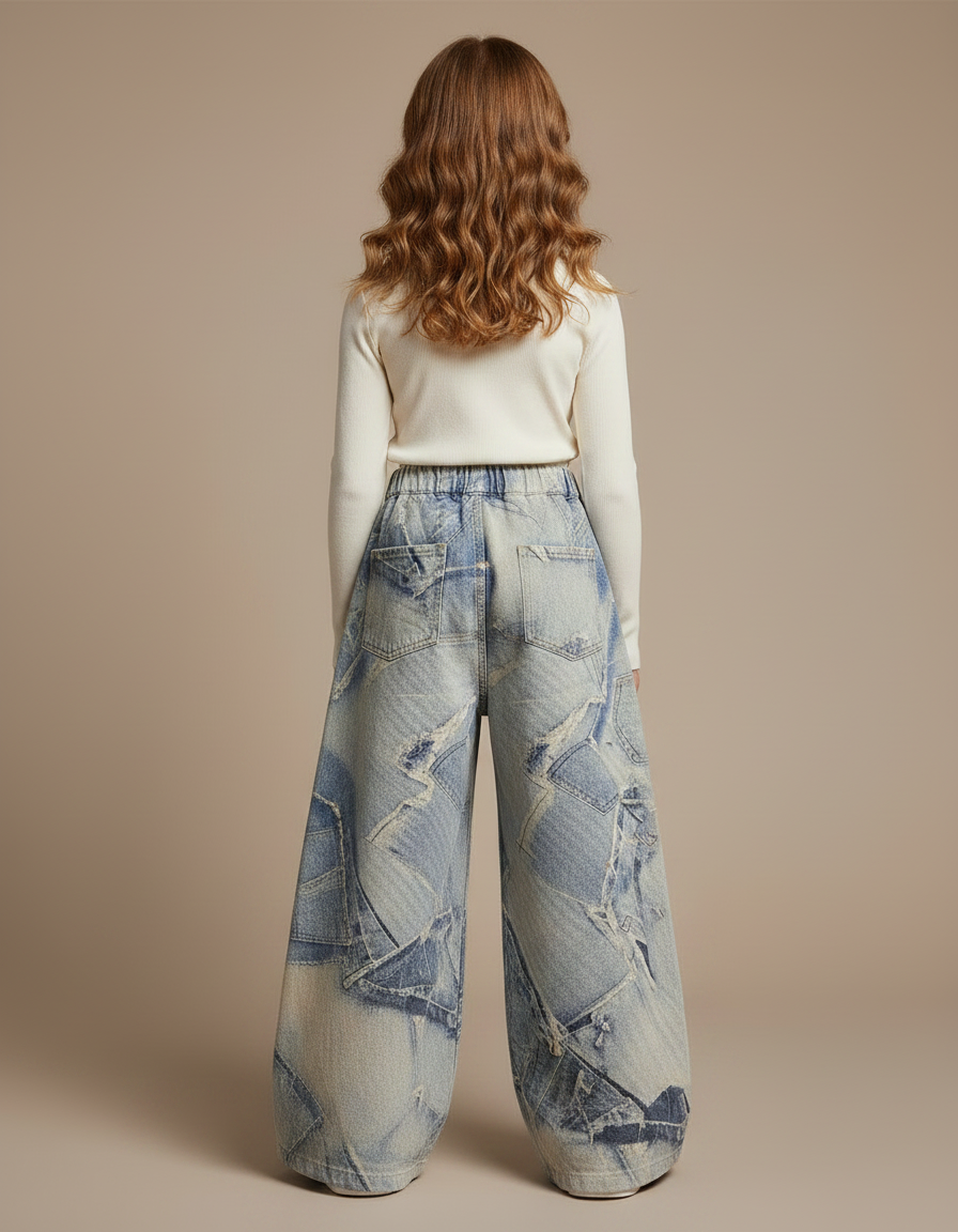 Pantalon Patte D'Éléphant Denim Patchwork Ample Délavé Enfant - Multicolore Jean - vue 2