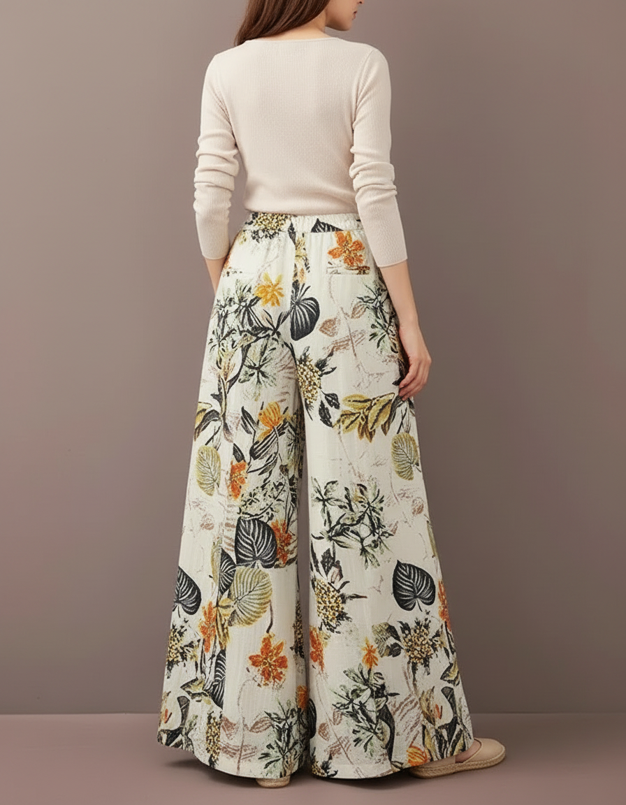 Pantalon Patte D'Éléphant Fluide Imprimé Floral Bohème Décontracté - Lin - vue 2
