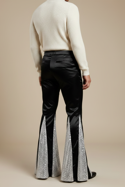 Pantalon Patte D'Éléphant Noir Satin Paillettes Argentées Homme - vue 2