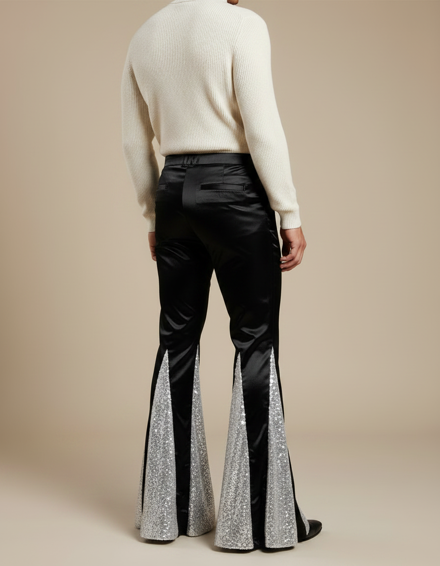 Pantalon Patte D'Éléphant Noir Satin Paillettes Argentées Homme - vue 2