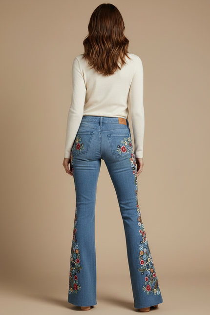 Pantalon Patte D'Éléphant En Jean Brodé Floral, Évasé, Élégant - Bleu - vue 2