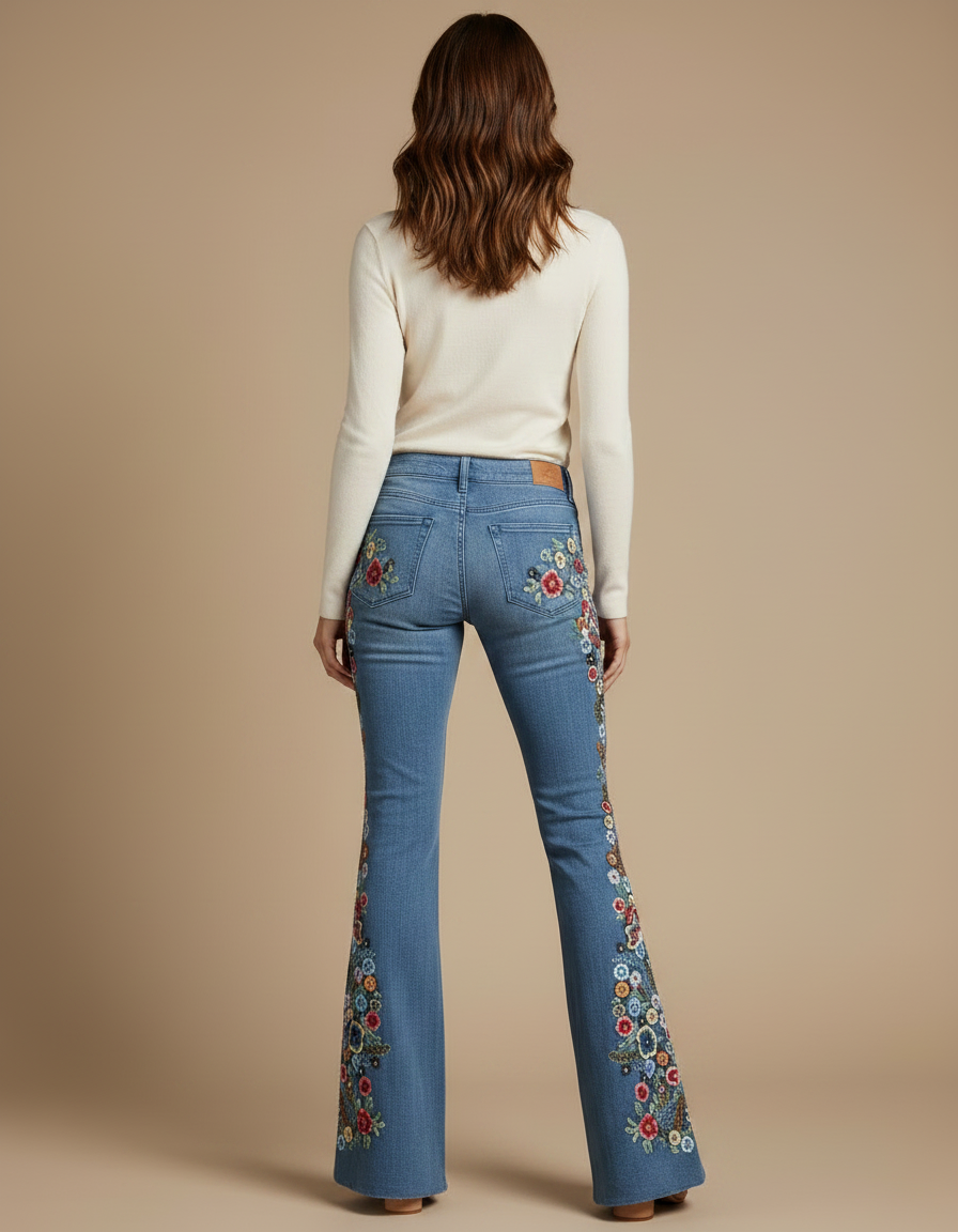 Pantalon Patte D'Éléphant En Jean Brodé Floral, Évasé, Élégant - Bleu - vue 2